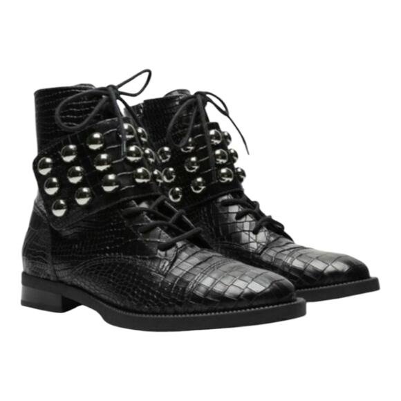 Schutz Marieta Boot in Crocco BLACK‎ STUDDED GOTH GRUNGE COMBAT BOOTS SIZE 6.5 - Picture 1 of 10